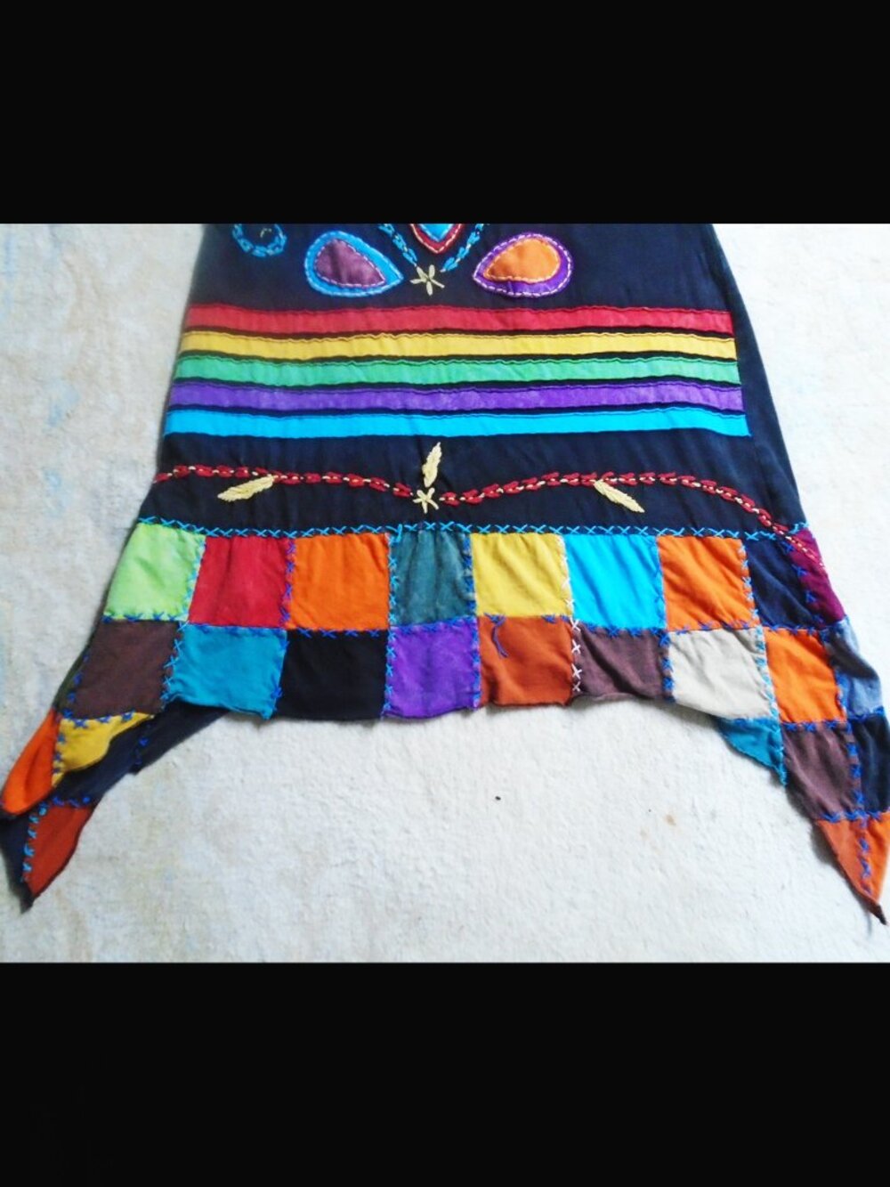 Rising International Dress Black Knit Colorful Hippie Applique Work - Picture 4 of 10
